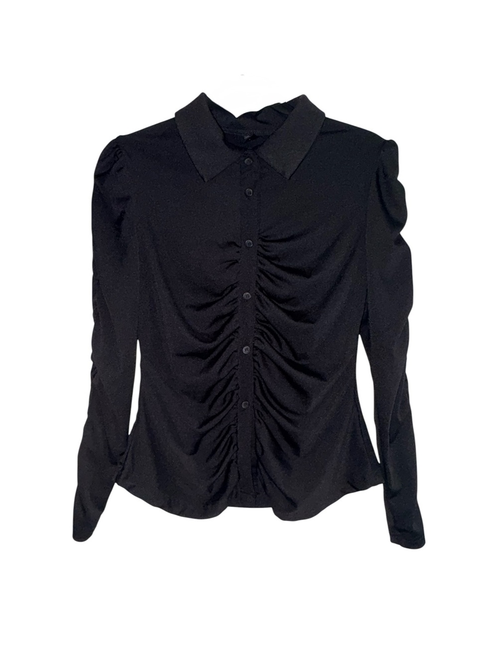 SHEIN Black Ruched Button-Up Long Sleeve Blouse
